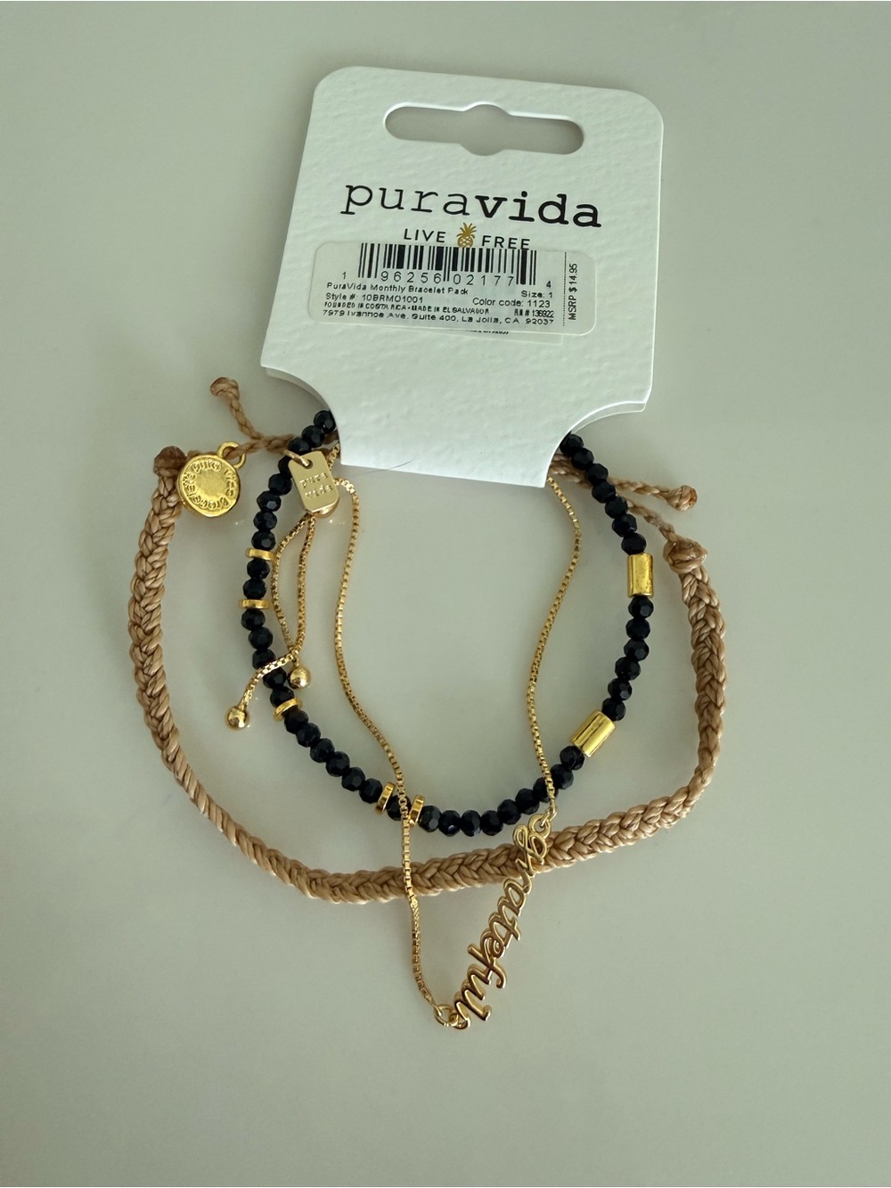 Pura Vida Black, Tan & Gold Layered Bracelet Stack with 'grateful' Script - Picture 3 of 4